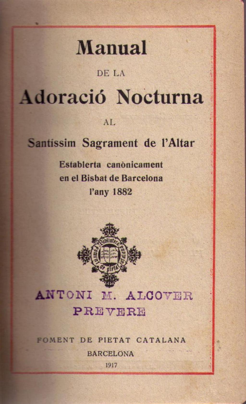 Coberta de Manual de la Adoració Nocturna al Santíssim Sagrament de l'Altar